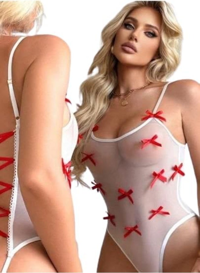 Hanady Women's Soft Mesh Lingerie One-Piece with Red Bows and Cross Back Straps Sheer Design with Slim Straps One Size Hn 1103 - Image 1