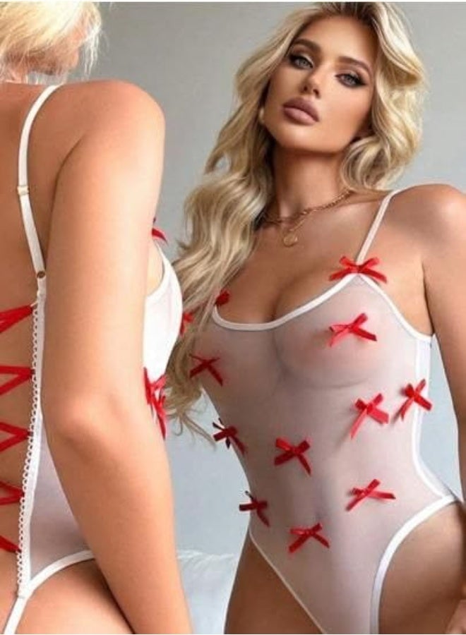 Hanady Women's Soft Mesh Lingerie One-Piece with Red Bows and Cross Back Straps Sheer Design with Slim Straps One Size Hn 1103 - Image 2