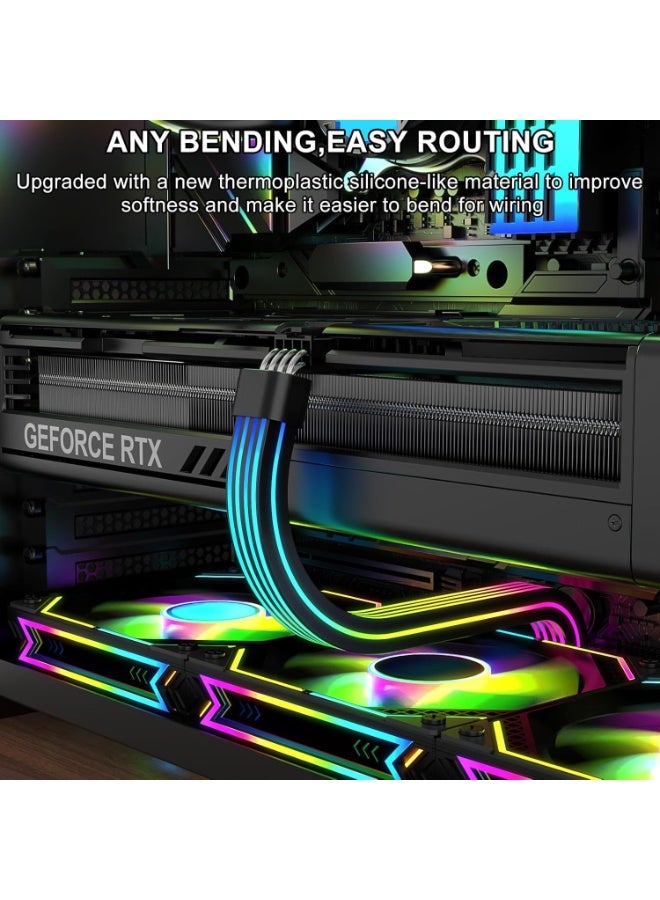 لاكام RGB PCIe Extension Cable with 8-Pin, ARGB GPU Power Cable with Addressable LEDs, 5V 3-Pin Connector for RTX 3060/4060/4070 & RX 6600/580, PC Case Lighting Accessory(Black, 34.5cm Length) - Image 2