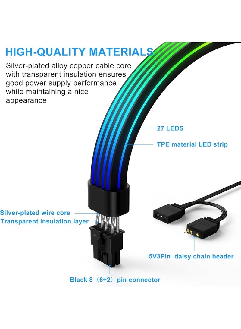 لاكام RGB PCIe Extension Cable with 8-Pin, ARGB GPU Power Cable with Addressable LEDs, 5V 3-Pin Connector for RTX 3060/4060/4070 & RX 6600/580, PC Case Lighting Accessory(Black, 34.5cm Length) - Image 5