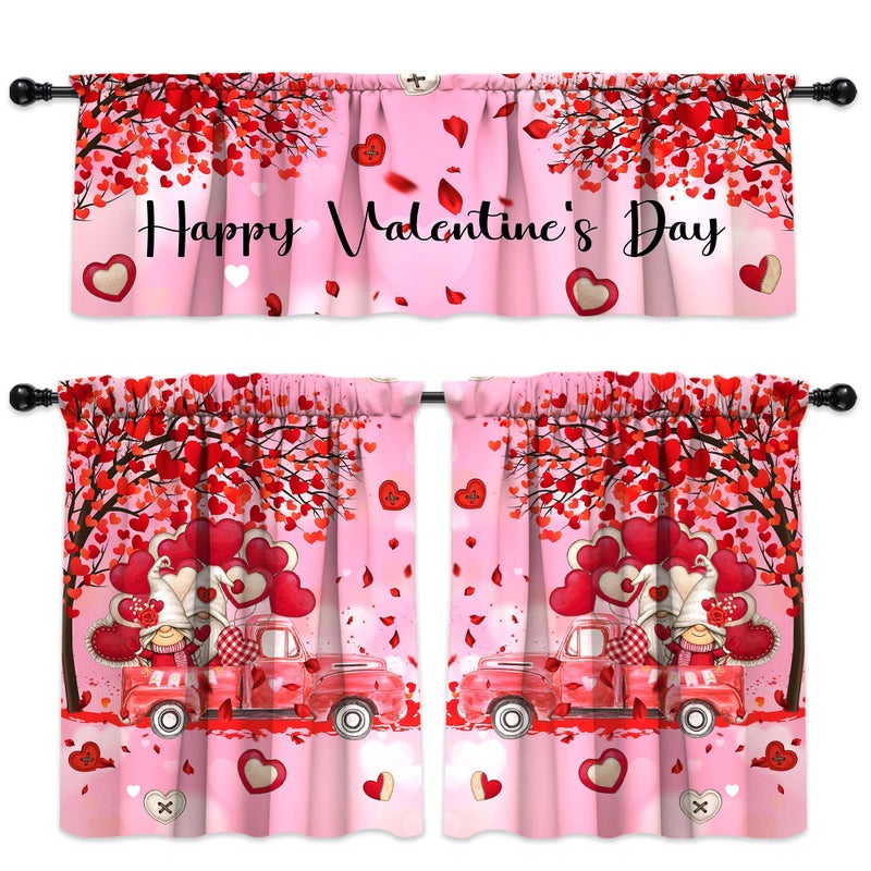 PyreneanHaven Valentines Day Kitchen Curtains Valentines Decorations for Home Valentine Valances Rod Pocket Window Curtains Tier and Valance Set Valentine Decor, 54" x 18" Valance, 27" x 36" Tier, 3 Panel Set - Image 1