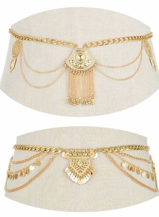 Tornito 2 PCS Waist Belt Chain Vintage Dangle Dancing Tassel Body Chain Bikini Beach Body Jewelry for Women Girl Silver Gold Tone A:2pcs,Gold Tone - Image 1