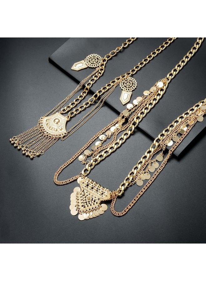 Tornito 2 PCS Waist Belt Chain Vintage Dangle Dancing Tassel Body Chain Bikini Beach Body Jewelry for Women Girl Silver Gold Tone A:2pcs,Gold Tone - Image 4