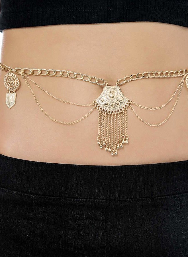 Tornito 2 PCS Waist Belt Chain Vintage Dangle Dancing Tassel Body Chain Bikini Beach Body Jewelry for Women Girl Silver Gold Tone A:2pcs,Gold Tone - Image 2