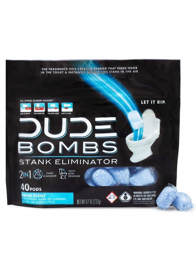 DUDE Bombs Toilet Stank Eliminator - 1 Pack, 40 Pods - Fresh Scent 2-in-1 Stank Eliminator + Toilet Bowl Freshener – Refreshing Blend of Lavender, Cedar, Lime, and Eucalyptus