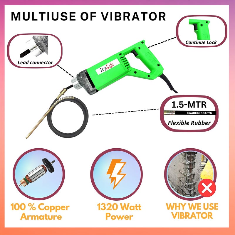 ICYLIFE ICYLIFE 1320WATT Concrete Vibratoriron Machine With 15 Mtr Needle Electric Concrete Vibrator 13700rpm  - Image 2