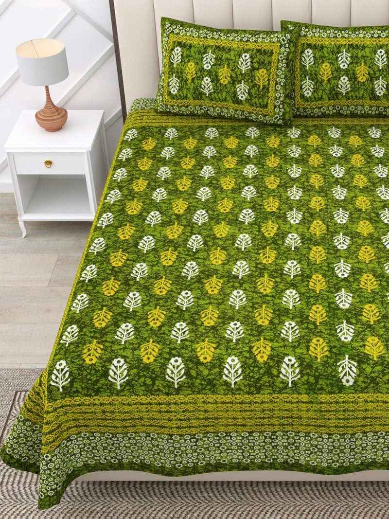 RajasthaniKart® Pure 100% Cotton Double Bed Sheet with 2 Pillow Covers (Bedsheet for Double Bed Cotton, Green Small Booty Jaipuri, King Size,5300) - Image 3