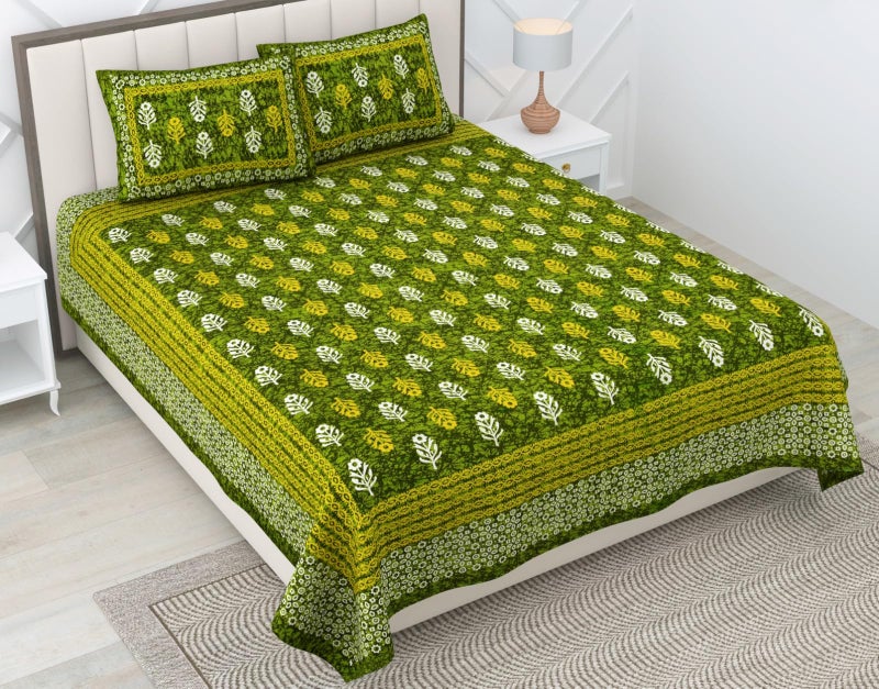 RajasthaniKart® Pure 100% Cotton Double Bed Sheet with 2 Pillow Covers (Bedsheet for Double Bed Cotton, Green Small Booty Jaipuri, King Size,5300) - Image 1