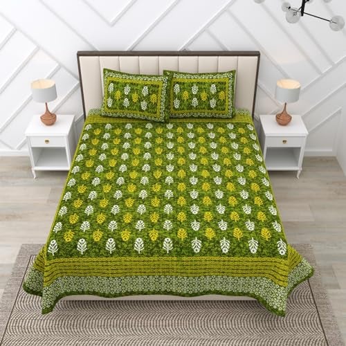 RajasthaniKart® Pure 100% Cotton Double Bed Sheet with 2 Pillow Covers (Bedsheet for Double Bed Cotton, Green Small Booty Jaipuri, King Size,5300) - Image 2