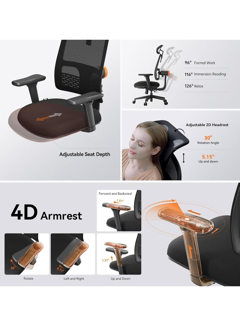 DROGO Ergonomic Office Chair for Work from Home, High Back Computer Chair with Adaptive Lumbar Support, 4D Armrest, Recline, Adjustable Height & Headrest, Mesh Chair for Office (Black) - Image 5