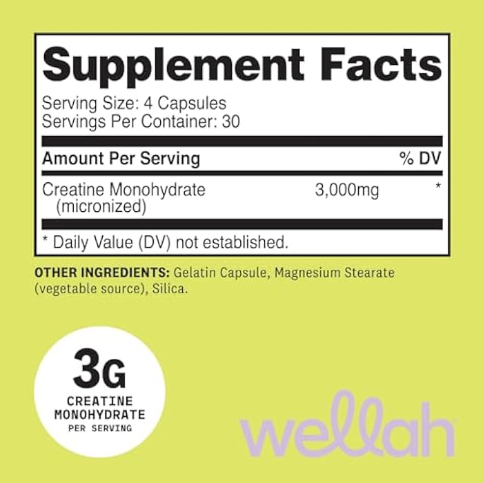 Wellah Creatine Monohydrate Capsules (3000 mg) 120 Capsules - Micronized Creatine, 30 Servings - Image 2