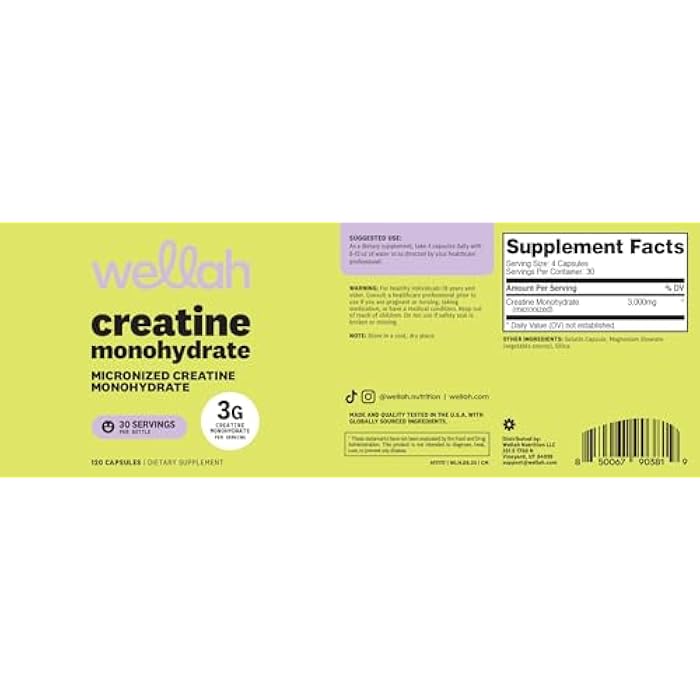 Wellah Creatine Monohydrate Capsules (3000 mg) 120 Capsules - Micronized Creatine, 30 Servings - Image 5