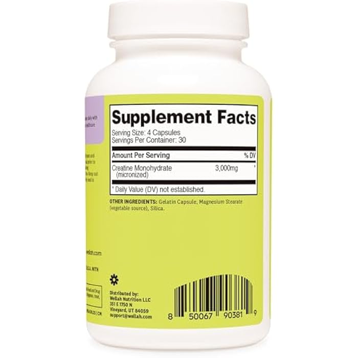 Wellah Creatine Monohydrate Capsules (3000 mg) 120 Capsules - Micronized Creatine, 30 Servings - Image 4