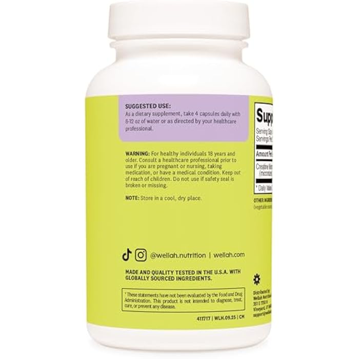 Wellah Creatine Monohydrate Capsules (3000 mg) 120 Capsules - Micronized Creatine, 30 Servings - Image 3