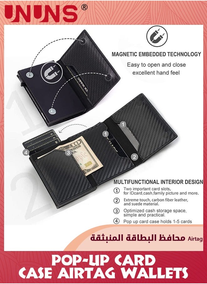 UNUNS - AirTag Wallet,Men's Genuine Leather Slim Pocket RFID Card Case With Money Clip(No Apple Air Tag),Smart Quick Access Card Holder,Mens Minimalist Trifold Wallets,Carbon Fiber Black - Image 1