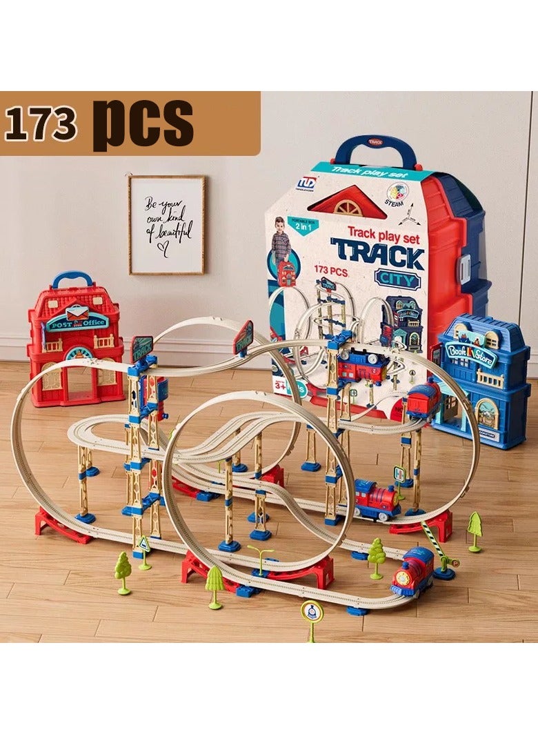 Construction Race Tracks Car Set for Kids，Rail Track Toy Playset with Traffic Sign ,DIY Tracks Toy 173pcs - Image 2