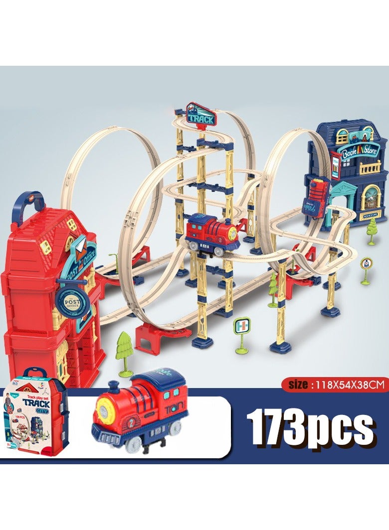 Construction Race Tracks Car Set for Kids，Rail Track Toy Playset with Traffic Sign ,DIY Tracks Toy 173pcs - Image 1