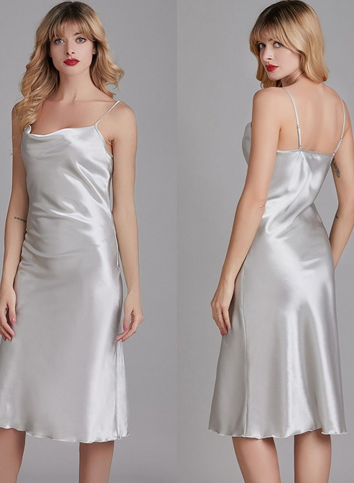 Loquat Women's Elegant Solid Color Nightgown Slip Midi Dress Soft Loungewear Sleepwear Dress Grey - Image 2