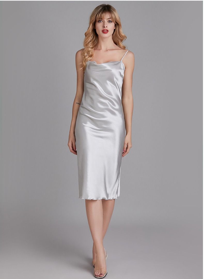 Loquat Women's Elegant Solid Color Nightgown Slip Midi Dress Soft Loungewear Sleepwear Dress Grey - Image 1