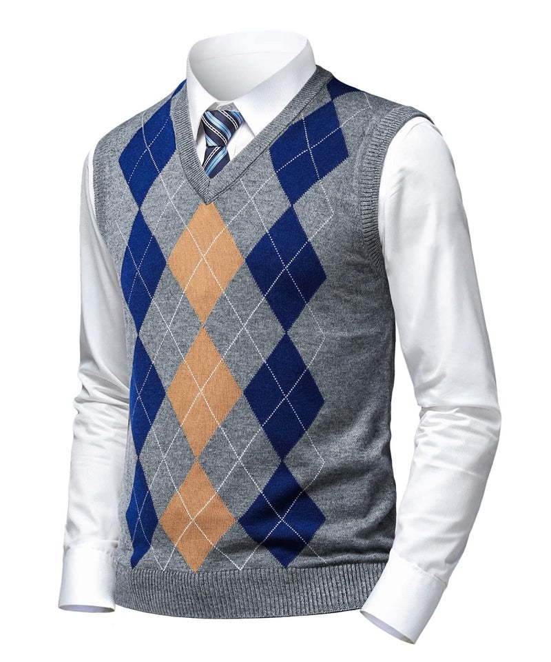 Herothorn Mens Argyle Sweater Vests Classic V-Neck Sleeveless Pullover Grey Black Knitwear Nice Tank Tops for Dad Husband - Image 1
