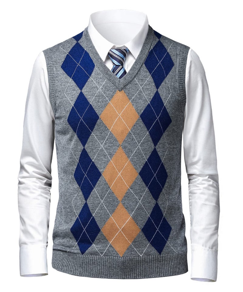 Herothorn Mens Argyle Sweater Vests Classic V-Neck Sleeveless Pullover Grey Black Knitwear Nice Tank Tops for Dad Husband - Image 2