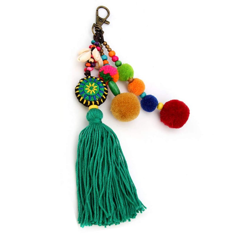 QTMY Pom Pom Shell Beads Tassel Bag Charm Pendant Boho Keyring Keychain for Women Purse Handbag Decor (Green) - Image 1