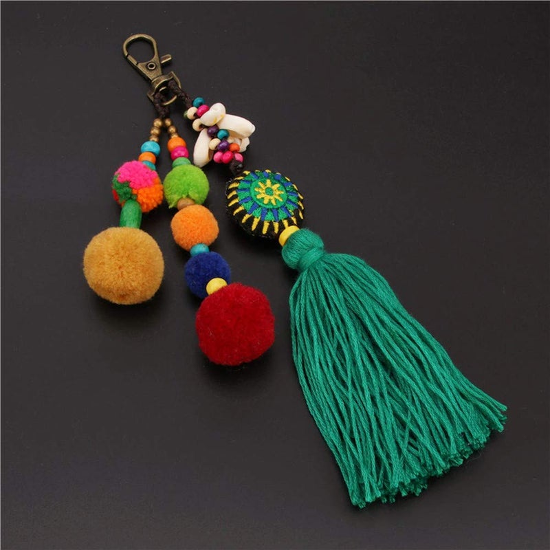 QTMY Pom Pom Shell Beads Tassel Bag Charm Pendant Boho Keyring Keychain for Women Purse Handbag Decor (Green) - Image 3