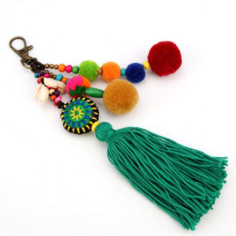 QTMY Pom Pom Shell Beads Tassel Bag Charm Pendant Boho Keyring Keychain for Women Purse Handbag Decor (Green) - Image 4