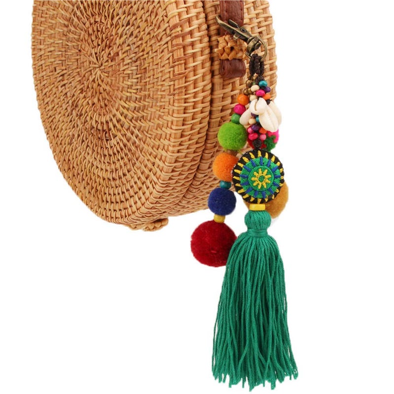 QTMY Pom Pom Shell Beads Tassel Bag Charm Pendant Boho Keyring Keychain for Women Purse Handbag Decor (Green) - Image 5