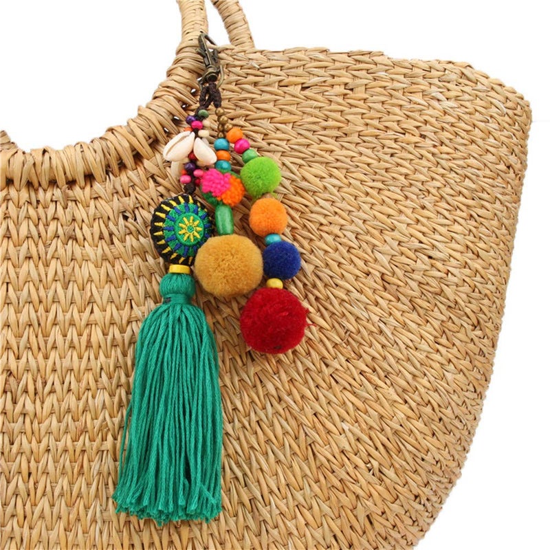 QTMY Pom Pom Shell Beads Tassel Bag Charm Pendant Boho Keyring Keychain for Women Purse Handbag Decor (Green) - Image 2