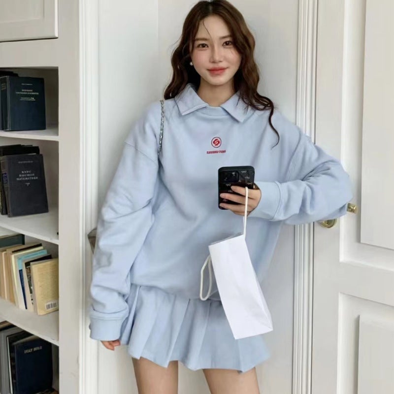 Pure desire girl cotton loose sweater skirt sports coat overskirt dress 2023 autumn and winter new niche SST light blue - Image 1