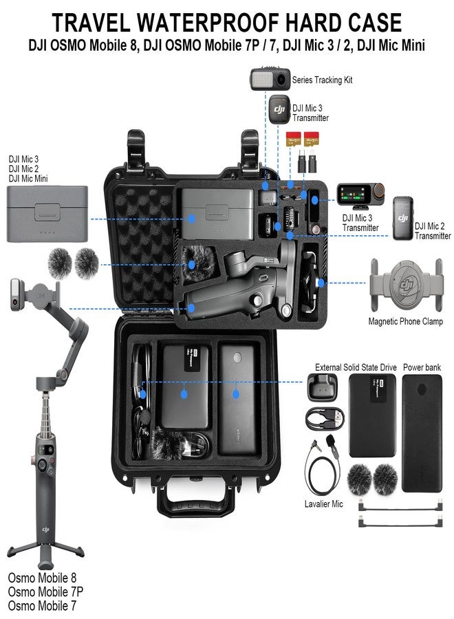 Lekufee Portable Waterproof Hard Case for DJI Osmo Mobile 8, Osmo Mobile 7P / 7, Gimbal Stabilizer, DJI Mic 3/2 / Mic Mini & More Accessories(Case Only) - Image 2