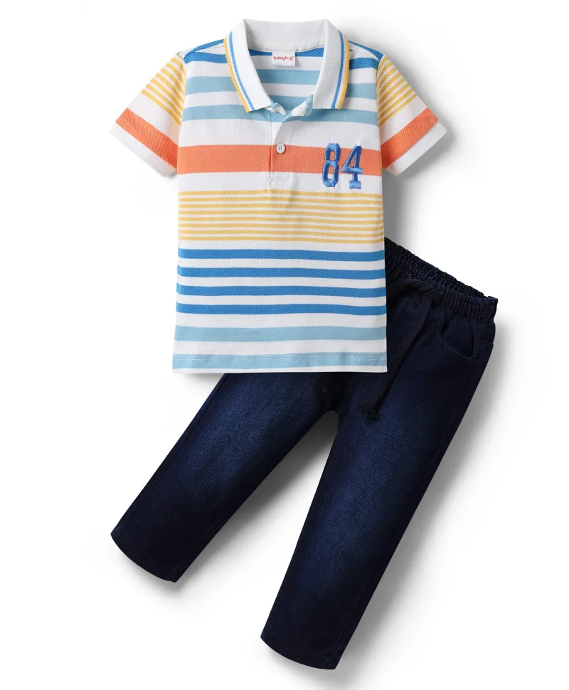 Babyhug Babyhug Single Jersey Knit Half Sleeves Striped Polo T-Shirt and Denim Jeans Set - Multicolor