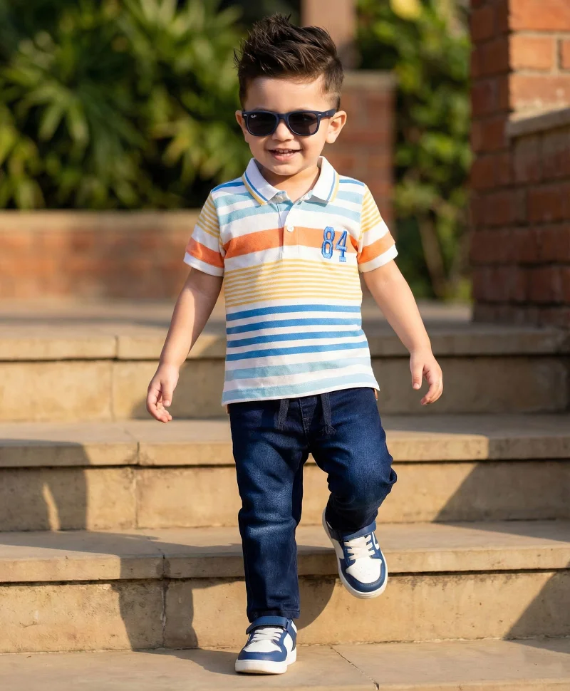 Babyhug Babyhug Single Jersey Knit Half Sleeves Striped Polo T-Shirt and Denim Jeans Set - Multicolor