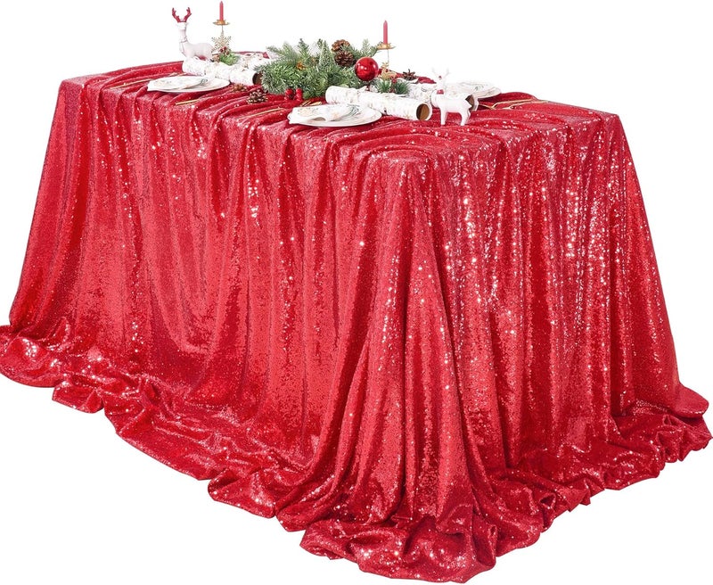 QueenDream Red Sequin Decorative Party Tablecloth Large Shimmer Dessert Table Overlay 90x90 Inch Dinner Table Drapes Cocktail Xmas Decor - Image 1