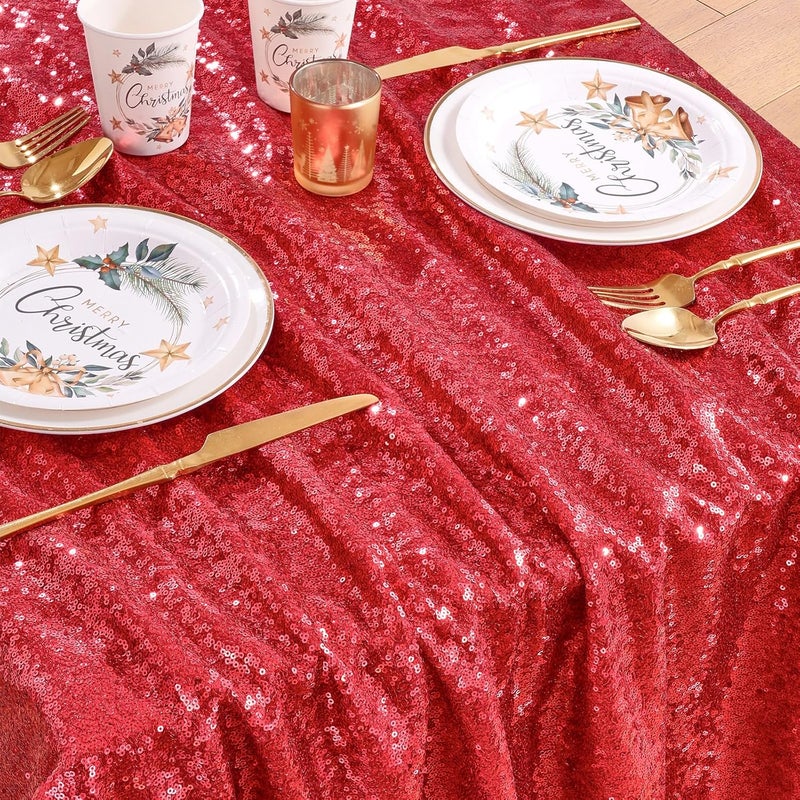 QueenDream Red Sequin Decorative Party Tablecloth Large Shimmer Dessert Table Overlay 90x90 Inch Dinner Table Drapes Cocktail Xmas Decor - Image 3