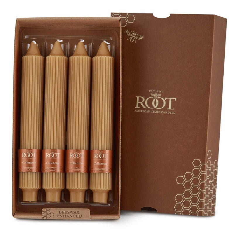 Root Unscented 9Inch Grecian Collenette Dinner Candles Raw Beeswax Color 4Count Box