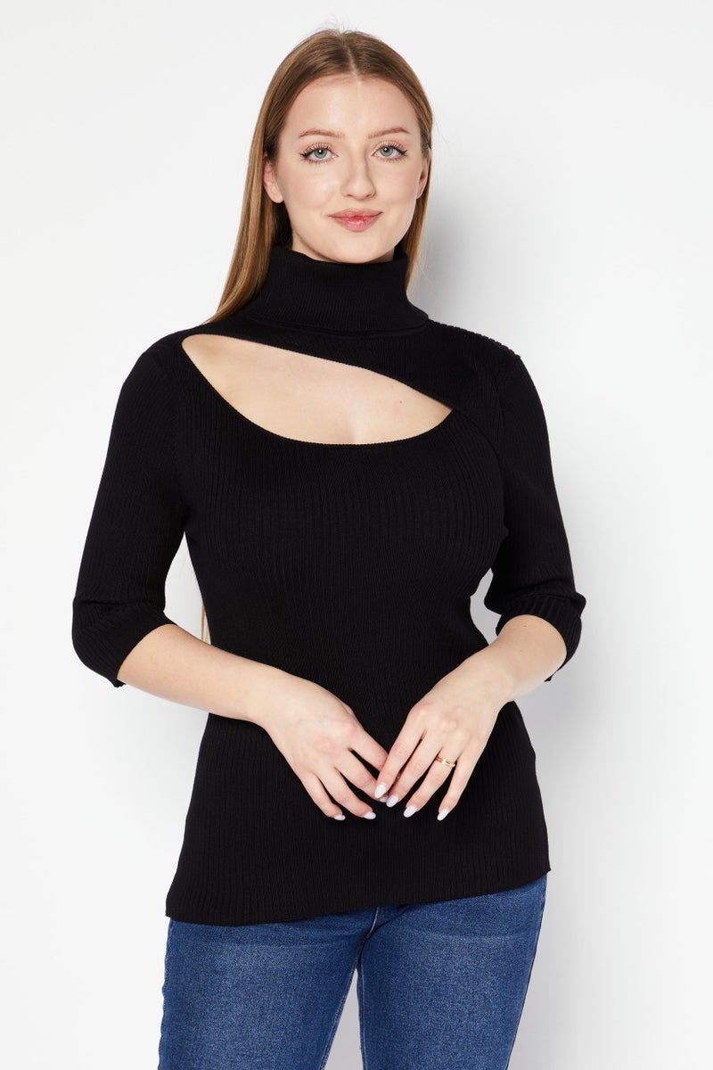 DKNY Women Turtle Neck 3/4 Ribbed Sweater, Black - Image 1