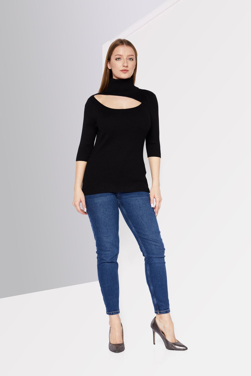 DKNY Women Turtle Neck 3/4 Ribbed Sweater, Black - Image 2