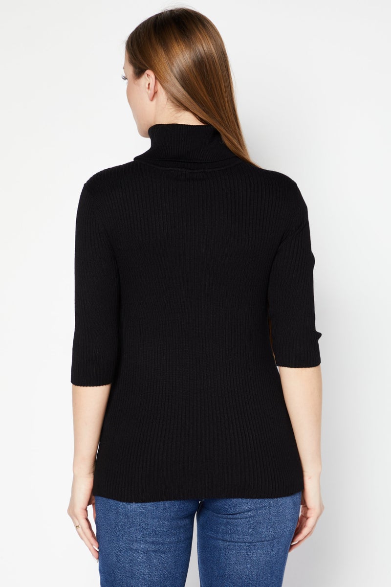 DKNY Women Turtle Neck 3/4 Ribbed Sweater, Black - Image 4