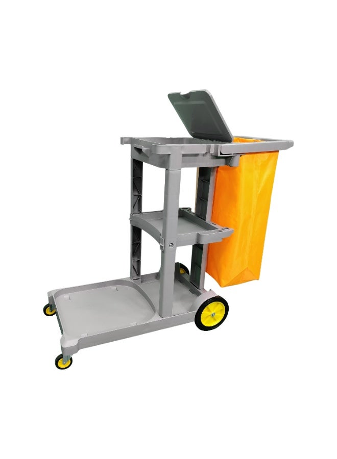 Amber Home Janitorial Cart Utility Cart Housekeeping Cart with Lid & Detachable Bag Heavy Duty 3 Shelf Cleaning Trolley for Restaurant, Hotels, Commercial, Industrial & Hospitality Grey - Image 1