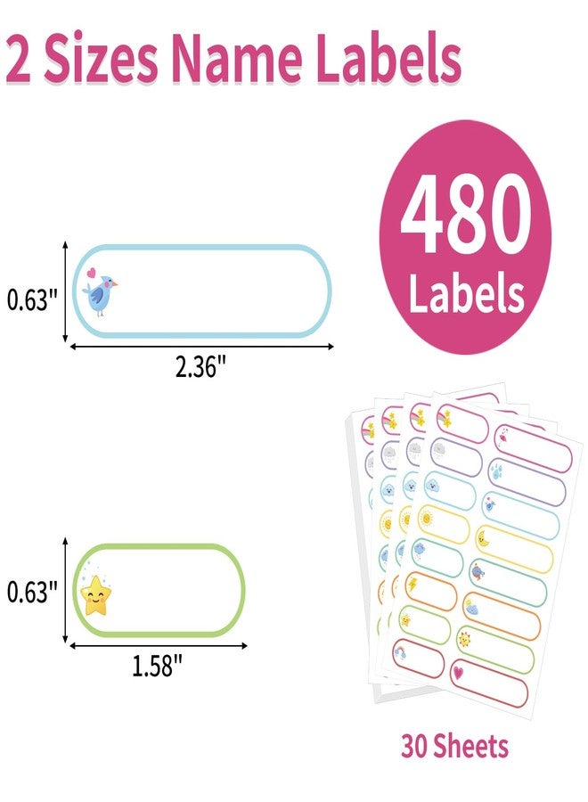 MOWPOG 480 Pcs Labels for Kids Stuff Daycare, Waterproof Baby Name Label, Washable Bottle Labels, Reusable Self-Adhesive Tag Stickers for School Essentials, Self-Laminating Write-on (Weather) - Image 2