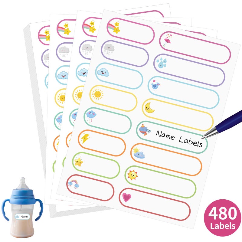 MOWPOG 480 Pcs Labels for Kids Stuff Daycare, Waterproof Baby Name Label, Washable Bottle Labels, Reusable Self-Adhesive Tag Stickers for School Essentials, Self-Laminating Write-on (Weather) - Image 1