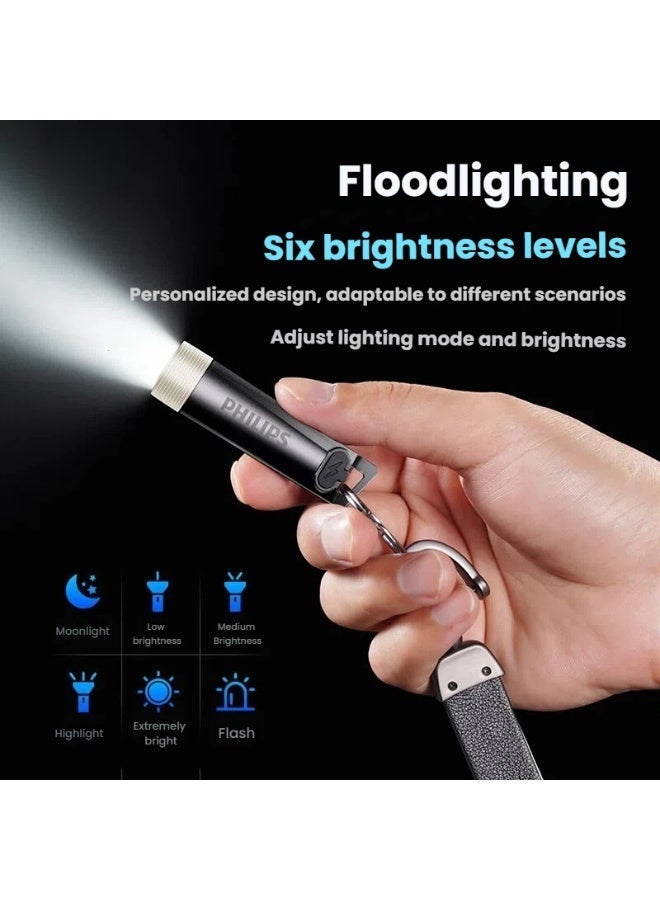 Philips Flashlight Highlight Rechargeable Waterproof Mini Key Chain Multifunction Led Warning Light Emergency Light USB Tpye-C Rechargeable LongBattery UV Light - Image 3