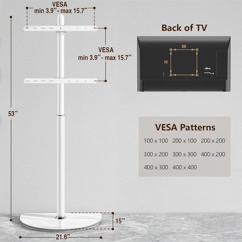Rfiver Universal Corner TV Floor Stand with Swivel Mount for 32-65 inch LED LCD Plasma Flat Panel or Curved Screen Tvs up to 40 kg, Mid Century Modern TV Stand with Height Adjustable and Semi Circular Glass Base, VESA 400x400 mm, White | TF1202MAW - Image 2