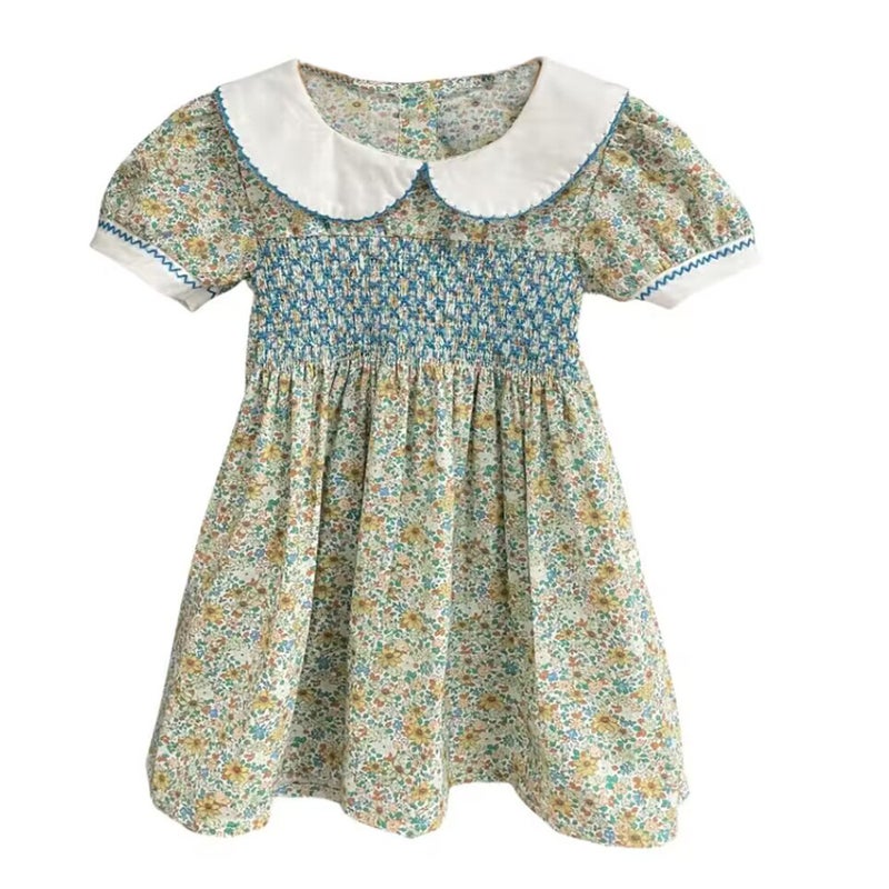 Spanish girls summer short sleeve dress 2024girl skirt floral cable doll collar childrens clothing wholesale Green