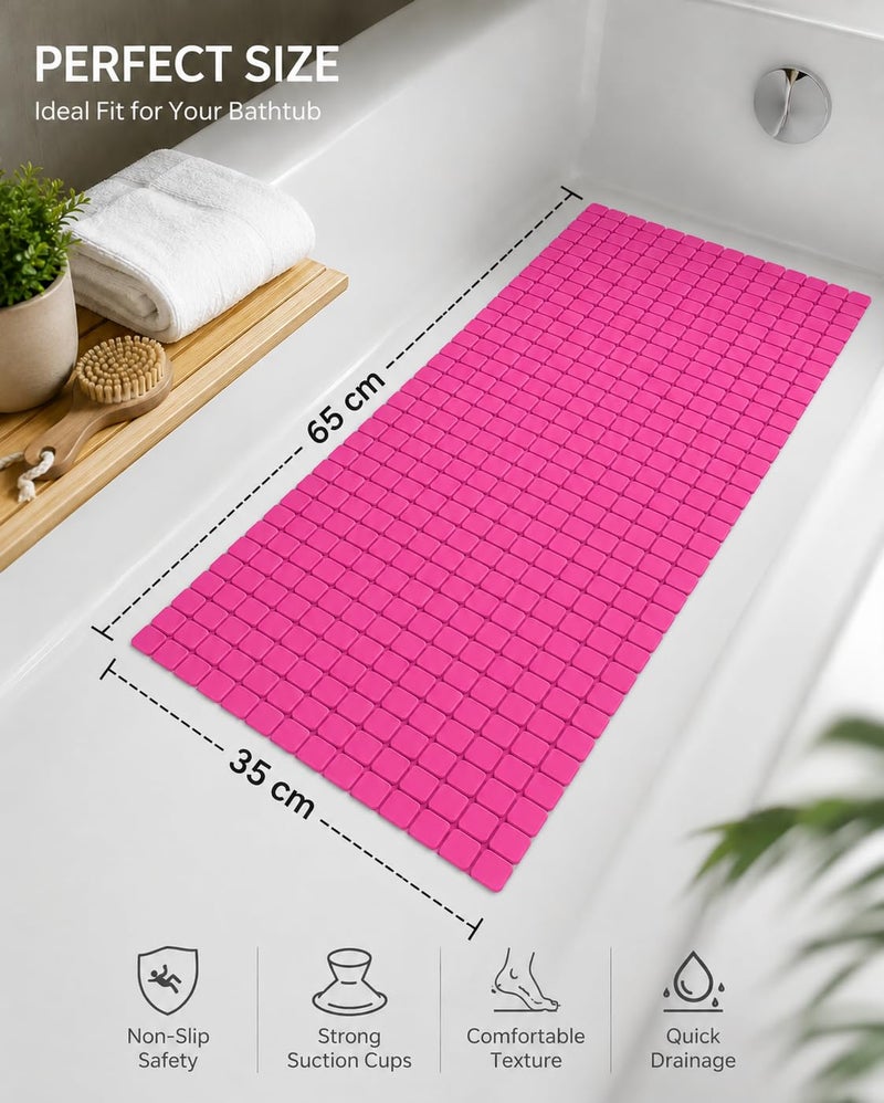 Non-Slip Bathtub Mat 65 x 35 cm, Long Shower Bath Mat with Strong Suction Cups, Quick Drain Holes, Machine Washable Bathroom Safety Mat, Anti-Slip Tub Mat, (Fushia) - Image 2
