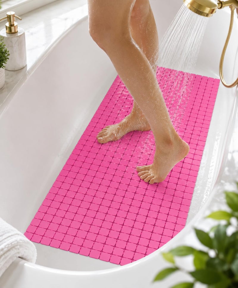 Non-Slip Bathtub Mat 65 x 35 cm, Long Shower Bath Mat with Strong Suction Cups, Quick Drain Holes, Machine Washable Bathroom Safety Mat, Anti-Slip Tub Mat, (Fushia) - Image 3