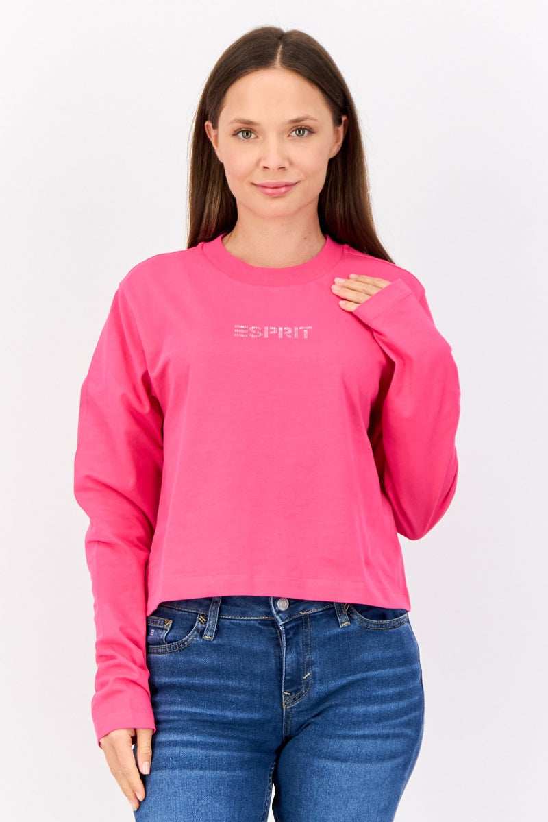 ESPRIT Women Crew Neck Long Sleeve Brand Logo Top, Fuchsia - Image 1