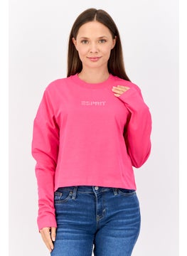 ESPRIT Women Crew Neck Long Sleeve Brand Logo Top, Fuchsia  - Image 1